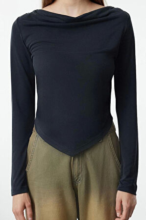 Kadın Moda Şık Regular Degaje Yaka Regular Kalıp Örme Modal Kumaş Drapeli Vatkalı Asimetrik Bluz