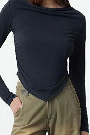 Kadın Moda Şık Regular Degaje Yaka Regular Kalıp Örme Modal Kumaş Drapeli Vatkalı Asimetrik Bluz