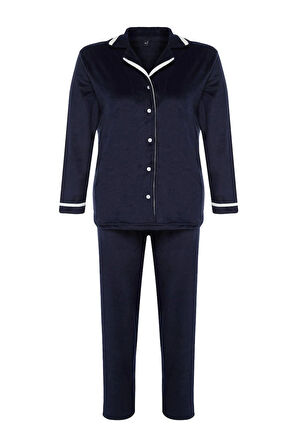 Kadın Moda Şık Büyük Beden Ceket Yaka Boru Paça Uzun Kol Gömlek Yaka Biyeli Polar Örme Pijama Takımı