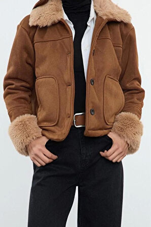 Kadın Moda Şık Regular Gömlek Yaka Standart Düz Astarlı Regular Peluş Detaylı Süet Mont