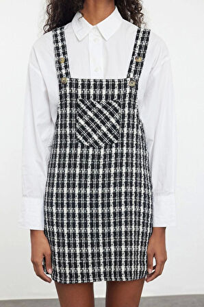 Kadın Moda Şık Mini Boy Kare Yaka Fitted Ekose Kareli Jile Dokuma Elbise