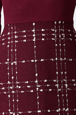 Kadın Moda Şık Mini Boy Gömlek Yaka Regular Ekose Kareli Örme Detaylı Dokuma Elbise