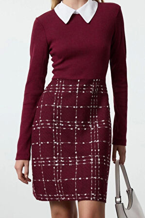 Kadın Moda Şık Mini Boy Gömlek Yaka Regular Ekose Kareli Örme Detaylı Dokuma Elbise