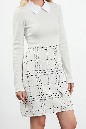 Kadın Moda Şık Mini Boy Gömlek Yaka Regular Ekose Kareli Örme Detaylı Dokuma Elbise