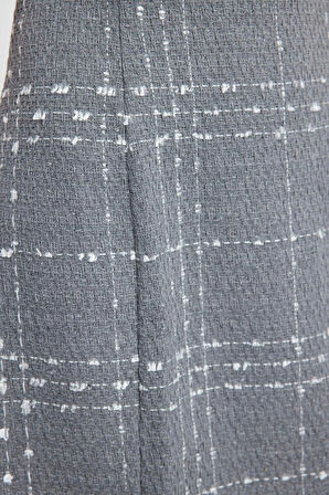 Kadın Moda Şık Mini Boy Bisiklet Yaka Regular Ekose Kareli Düz Kesim Tüvit Dokuma Elbise