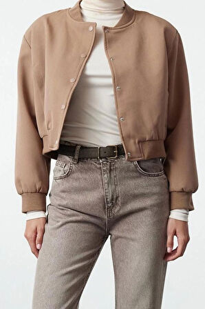 Kadın Moda Şık Bol Hakim Yaka Crop Düz Astarlı Oversize Crop İnce Bomber Mont