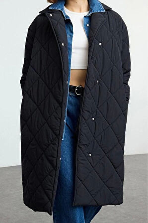 Kadın Moda Şık Bol Ceket Yaka Uzun Düz Astarlı Oversize Kuşaklı Uzun Kapitone Şişme Mont