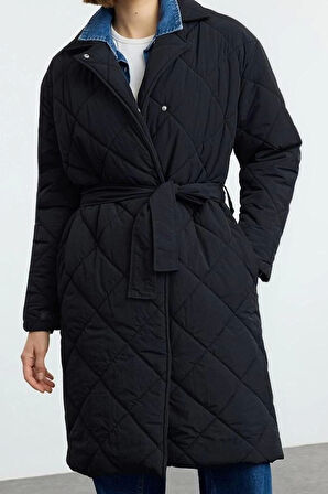 Kadın Moda Şık Bol Ceket Yaka Uzun Düz Astarlı Oversize Kuşaklı Uzun Kapitone Şişme Mont