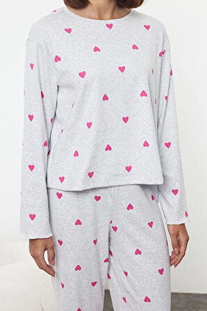 Kadın Moda Şık Bisiklet Yaka Geniş Paça Uzun Kol Kalpli Baskılı Lastikli Örme Pijama Takımı