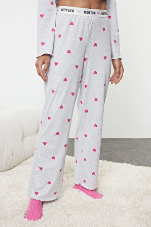 Kadın Moda Şık Bisiklet Yaka Geniş Paça Uzun Kol Kalpli Baskılı Lastikli Örme Pijama Takımı