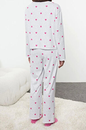 Kadın Moda Şık Bisiklet Yaka Geniş Paça Uzun Kol Kalpli Baskılı Lastikli Örme Pijama Takımı