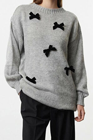 Kadın Tesettür Moda Şık Uzun Bisiklet Yaka Uzun Kol Düz Fiyonk Detaylı Triko Kazak