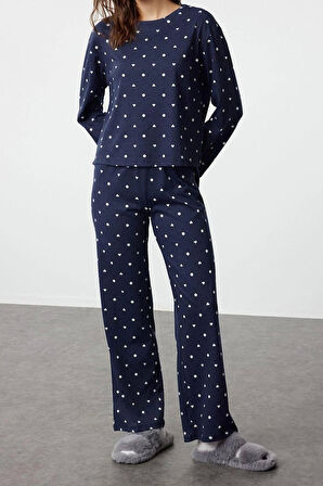 Kadın Pamuklu Bisiklet Yaka Uzun Kol %100 Pamuk Puantiye ve Kalp Desenli Örme Pijama Takımı