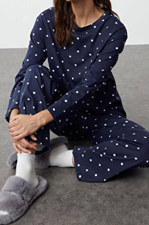 Kadın Pamuklu Bisiklet Yaka Uzun Kol %100 Pamuk Puantiye ve Kalp Desenli Örme Pijama Takımı