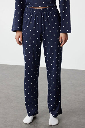 Kadın Pamuklu Bisiklet Yaka Uzun Kol %100 Pamuk Puantiye ve Kalp Desenli Örme Pijama Takımı
