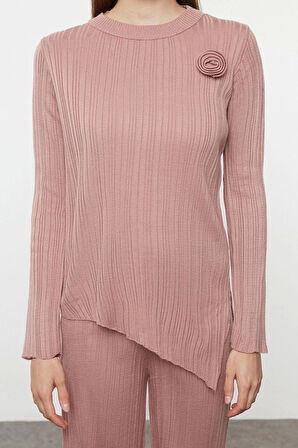 Kadın Moda Şık Regular Uzun Boy Uzun Kollu Gül Detaylı Triko Alt-Üst Takım