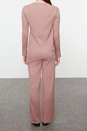 Kadın Moda Şık Regular Uzun Boy Uzun Kollu Gül Detaylı Triko Alt-Üst Takım