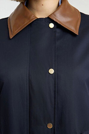 Kadın Moda Şık Oversize Dik Yaka Uzun Düz Astarlı Oversize Yakasında Deri Detaylı Trençkot