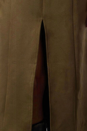 Kadın Moda Şık Midi Boy Bisiklet Yaka Fitted Yırtmaçlı Düz Kesim Süet Dokuma Elbise