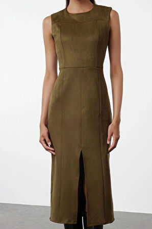 Kadın Moda Şık Midi Boy Bisiklet Yaka Fitted Yırtmaçlı Düz Kesim Süet Dokuma Elbise