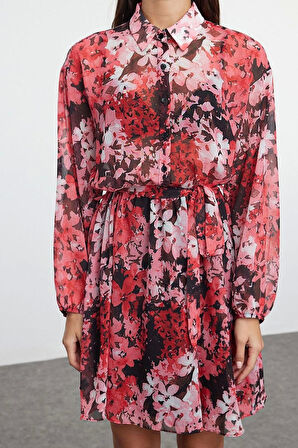 Kadın Moda Şık Mini Boy Gömlek Yaka Regular Belden Açılan Astarlı Şifon Dokuma Elbise