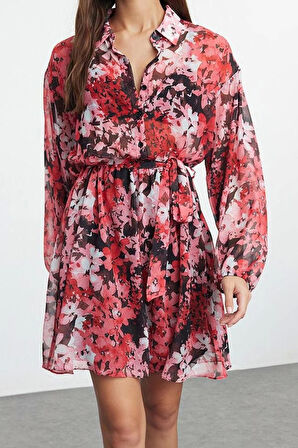 Kadın Moda Şık Mini Boy Gömlek Yaka Regular Belden Açılan Astarlı Şifon Dokuma Elbise