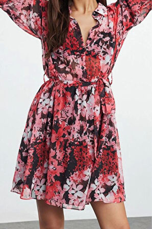 Kadın Moda Şık Mini Boy Gömlek Yaka Regular Belden Açılan Astarlı Şifon Dokuma Elbise