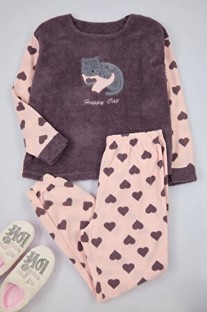 Kadın Moda Büyük Beden Bisiklet Yaka Boru Paça Uzun Kol Kalpli Uyku Bantlı Polar Örme Pijama Takımı
