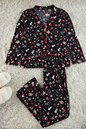 Kadın Büyük Beden Boru Paça Uzun Kol Yılbaşı Temalı Biyeli Gömlek-Pantolon Örme Pijama Takımı