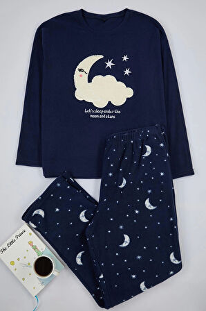 Kadın Moda Şık Büyük Beden Bisiklet Yaka Boru Paça Uzun Kol Galaksi Desenli Polar Örme Pijama Takımı