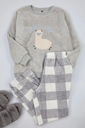Kadın Moda Büyük Beden Bisiklet Yaka Lastikli Paça Uzun Kol Wellsoft Lama Desenli Örme Pijama Takımı
