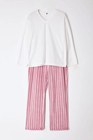 Kadın Moda Şık Büyük Beden Bisiklet Yaka Boru Paça Uzun Kol Çizgili Polar Örme Pijama Takımı