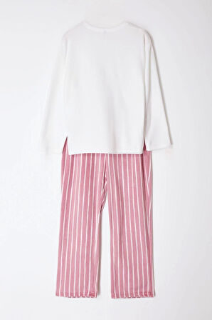Kadın Moda Şık Büyük Beden Bisiklet Yaka Boru Paça Uzun Kol Çizgili Polar Örme Pijama Takımı