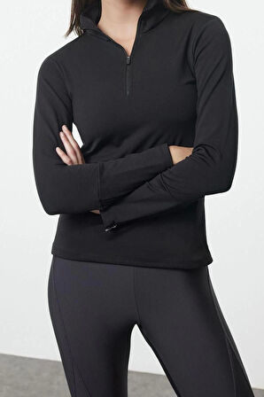 Kadın Dik Yaka Standart Kol Standart Ekstra Sıcak Tutan Fermuarlı Polar Kışlık Örme Spor Sweatshirt