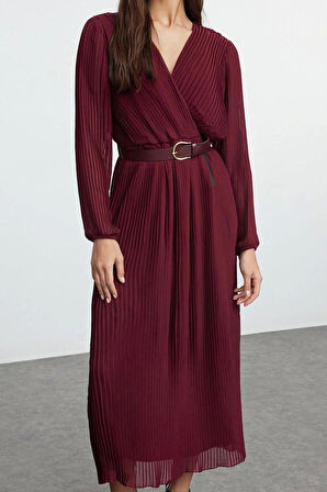 Kadın Moda Şık Midi Boy Kruvaze Regular Kemerli Düz Kemerli Dokuma Elbise