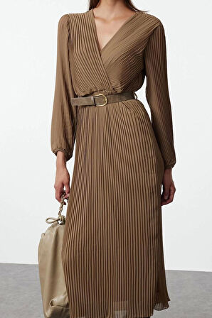 Kadın Moda Şık Midi Boy Kruvaze Regular Kemerli Düz Kemerli Dokuma Elbise