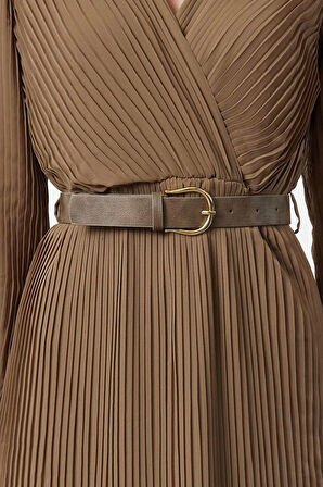 Kadın Moda Şık Midi Boy Kruvaze Regular Kemerli Düz Kemerli Dokuma Elbise