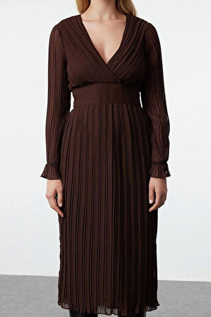 Kadın Moda Şık Midi Boy Kruvaze Regular Kuşaklı Düz Dokuma Elbise