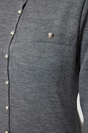Kadın Moda Şık Tesettür Maxi Boy Bisiklet Yaka Fitted Triko Düğmeli Elbise
