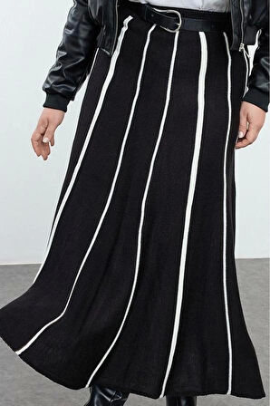 Kadın Moda Stil Maxi Astarsız Triko Büyük Beden Çizgili Midi Boy Triko Etek