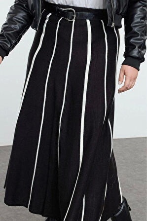 Kadın Moda Stil Maxi Astarsız Triko Büyük Beden Çizgili Midi Boy Triko Etek