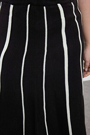 Kadın Moda Stil Maxi Astarsız Triko Büyük Beden Çizgili Midi Boy Triko Etek
