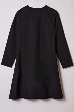 Kadın Moda Büyük Beden Mini Boy Bisiklet Yaka Fitted Basic Gizli Fermuarlı Dokuma Büyük Beden Elbise