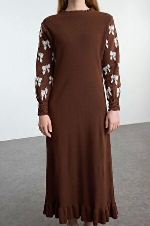 Kadın Moda Şık Tesettür Maxi Boy Bisiklet Yaka Fitted Kurdele Desenli Triko Elbise