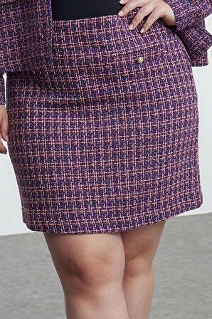 Kadın Moda Stil Mini Astarsız Dokuma Büyük Beden Gold Düğmeli Ekose Tüvit Mini Dokuma Etek