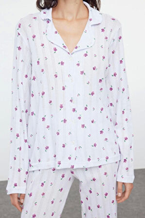 Kadın Gömlek Yaka Boru Paça Uzun Kol %100 Pamuklu Çiçekli Ajurlu Delikli Fitilli Örme Pijama Takımı