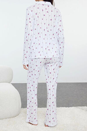 Kadın Gömlek Yaka Boru Paça Uzun Kol %100 Pamuklu Çiçekli Ajurlu Delikli Fitilli Örme Pijama Takımı