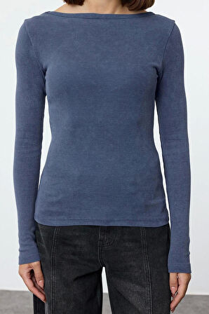 Kadın Regular Havuz Yaka Slim Kalıp Örme Eskitme Soluk Efektli Fitilli Vücuda Oturan Pamuklu Bluz