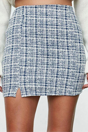 Kadın Moda Stil Mini Astarsız Örme Fermuarlı ve Yırtmaçlı Tüvit Normal Bel Mini Örme Etek