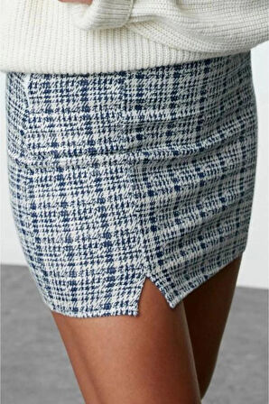 Kadın Moda Stil Mini Astarsız Örme Fermuarlı ve Yırtmaçlı Tüvit Normal Bel Mini Örme Etek